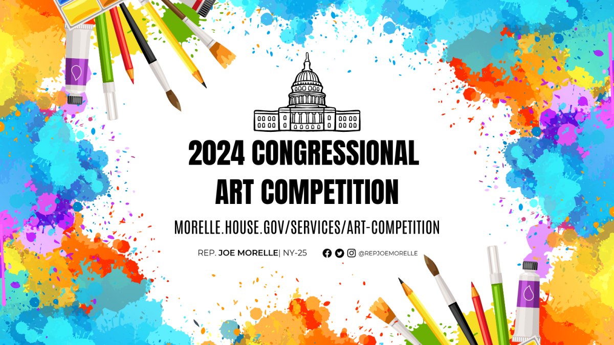 Graphic featuring bright paint platters and art supplies reading, "2024 Congressional Art Competition"