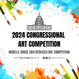 Graphic featuring bright paint platters and art supplies reading, "2024 Congressional Art Competition"