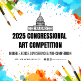 Graphic featuring bright paint platters and art supplies reading, "2025 Congressional Art Competition"