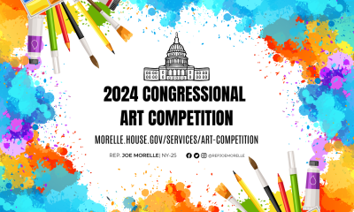 Graphic featuring bright paint platters and art supplies reading, "2024 Congressional Art Competition"