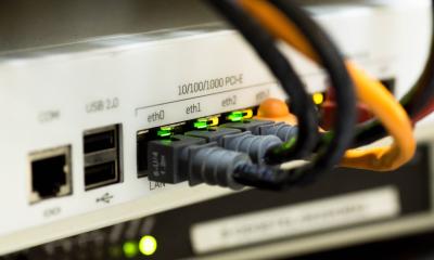Ethernet cables plugged into a router
